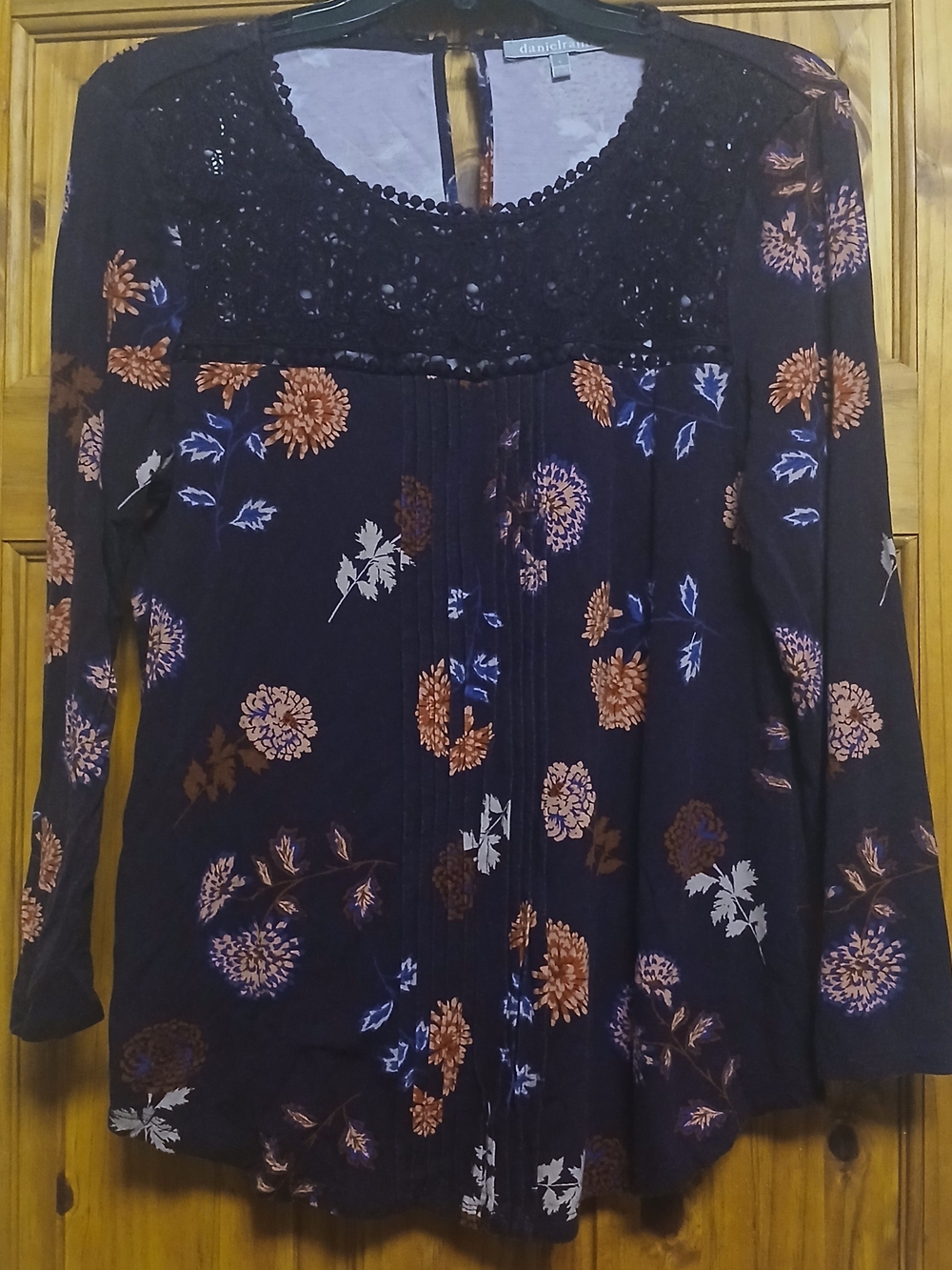 Daniel Rainn Purple Floral Long-Sleeve Crochet Yoke Top